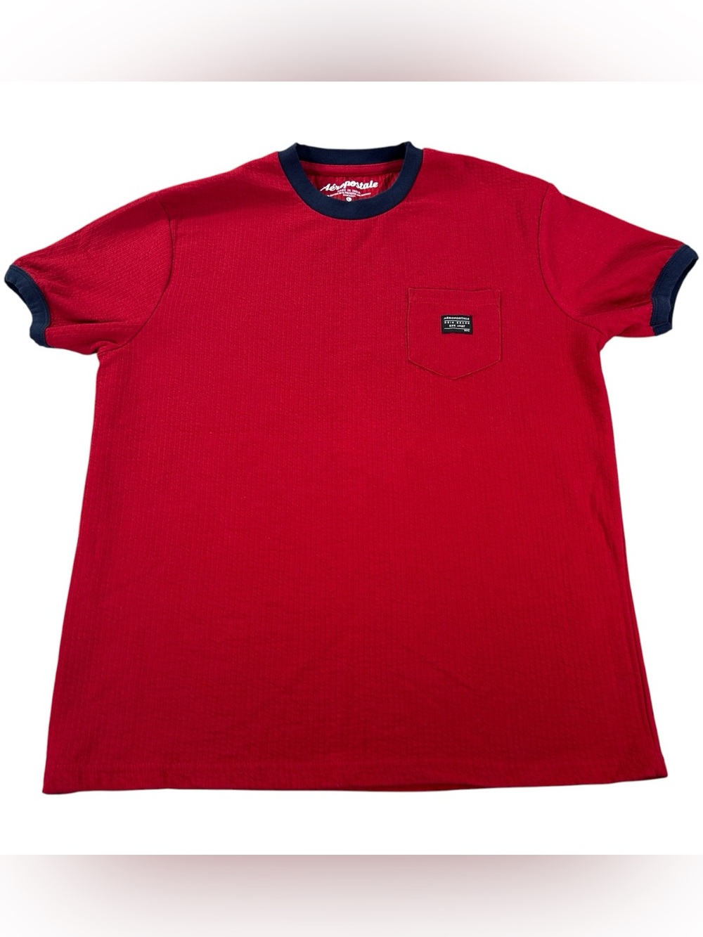 Aéropostale Textured Ringer Pocket T-Shirt Men’s L Red Navy Contrast Tee